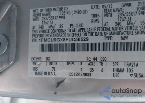 2015 Ford Escape Se z USA, uszkodzony, nr VIN 1FMCU9GX8FUC58529